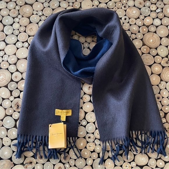 Hickey Freeman Solid Double Face Merino Wool Fringe Scarf Brown/Navy Reversible - Picture 6 of 16